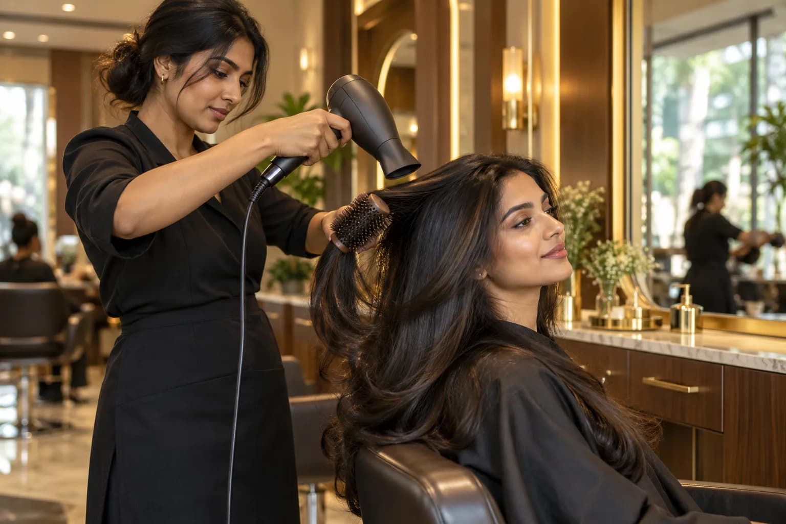 Stylist blow-drying a client's long hair in a salon